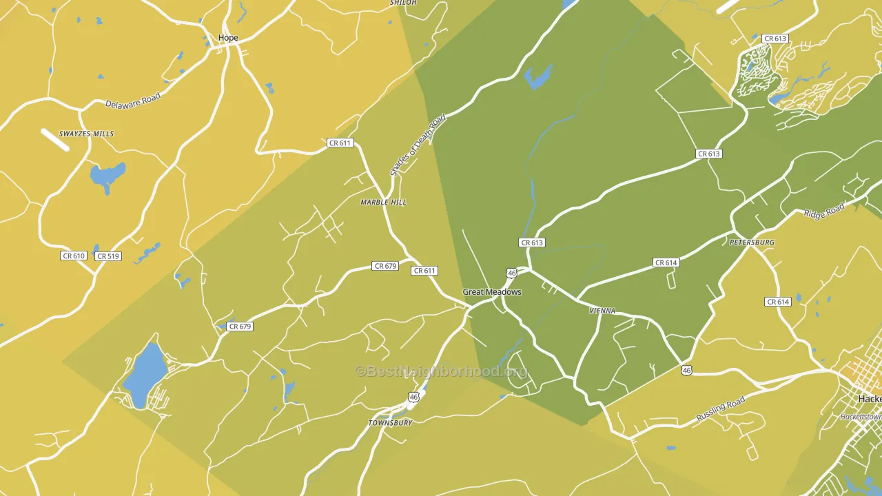 Map of the best neighborhoods in the 07838 area, with better matches in green and worse matches in red