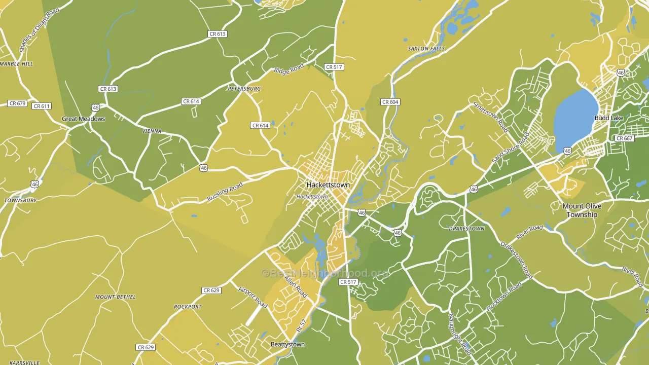 Map of the best neighborhoods in the 07840 area, with better matches in green and worse matches in red