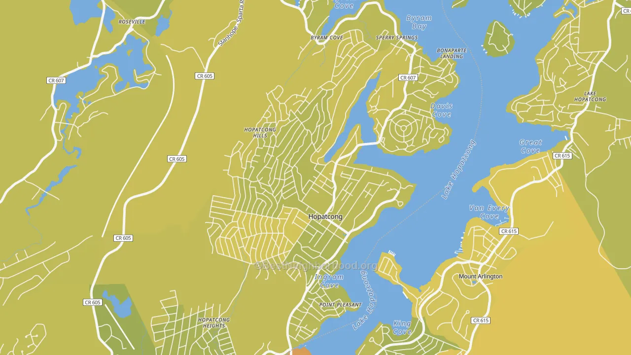 Map of the best neighborhoods in the 07843 area, with better matches in green and worse matches in red