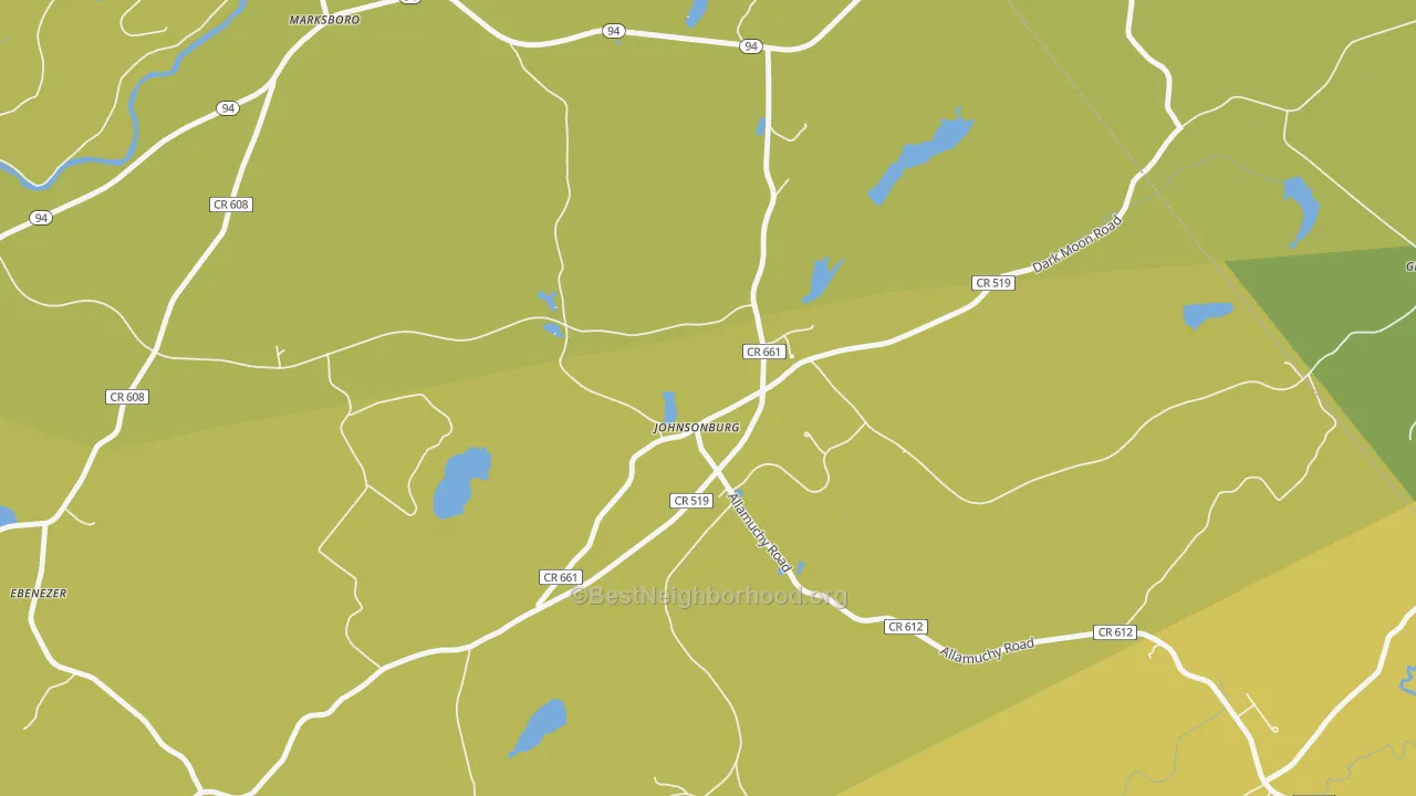 Map of the best neighborhoods in the 07846 area, with better matches in green and worse matches in red