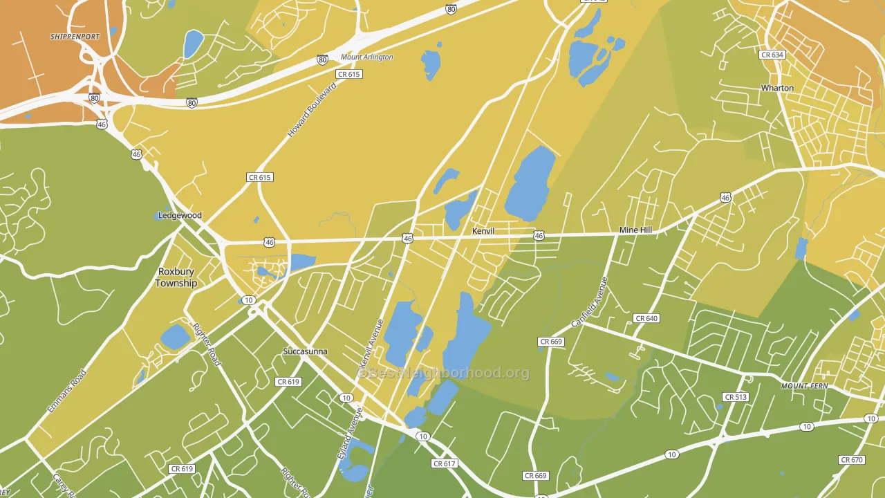 Map of the best neighborhoods in the 07847 area, with better matches in green and worse matches in red