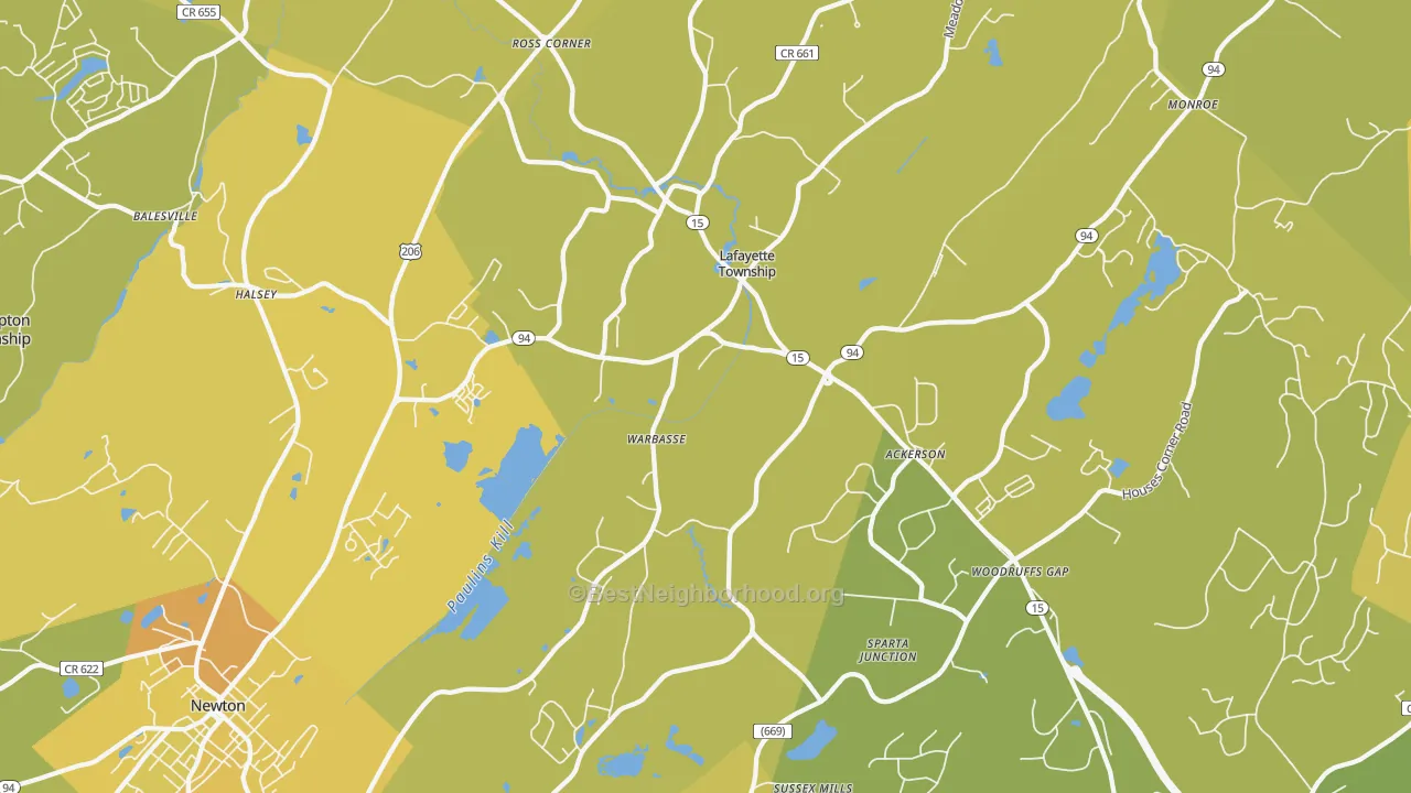 Map of the best neighborhoods in the 07848 area, with better matches in green and worse matches in red
