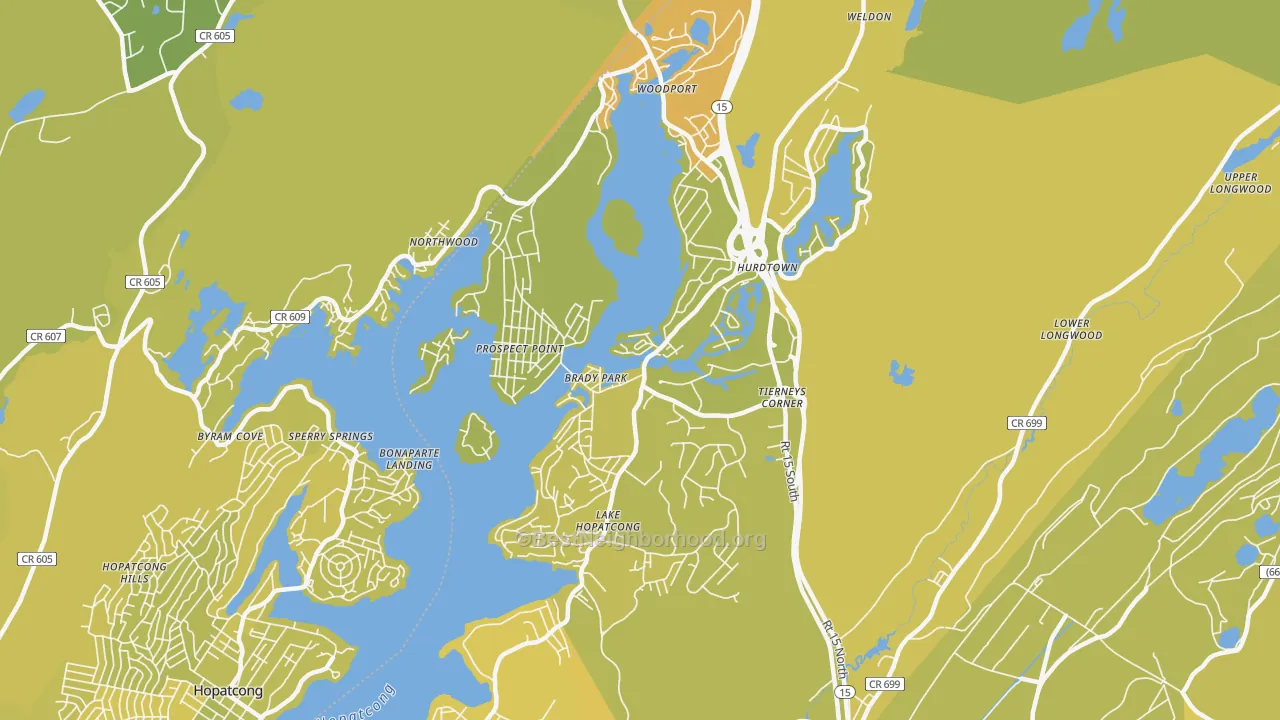 Map of the best neighborhoods in the 07849 area, with better matches in green and worse matches in red