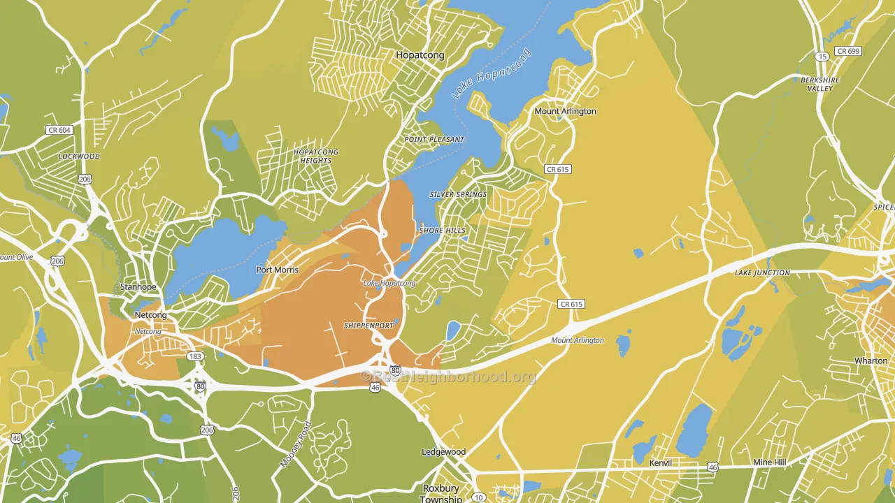 Map of the best neighborhoods in the 07850 area, with better matches in green and worse matches in red