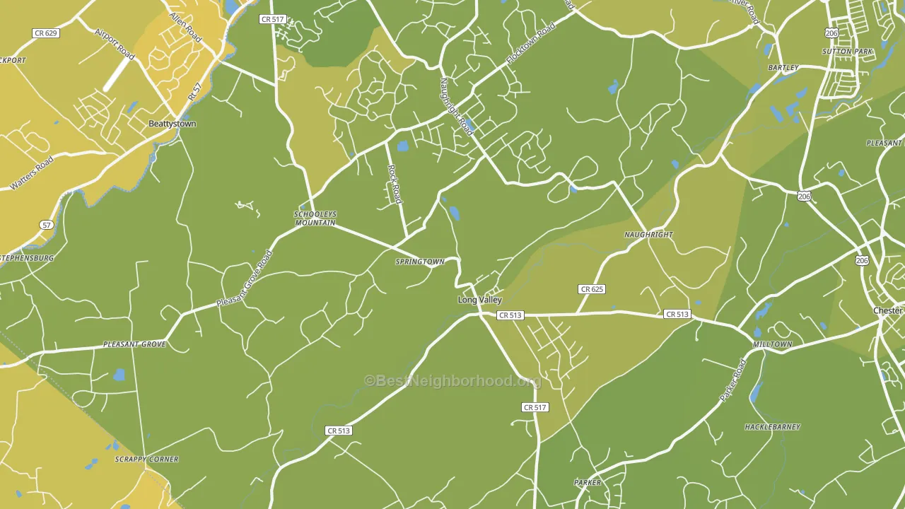 Map of the best neighborhoods in the 07853 area, with better matches in green and worse matches in red