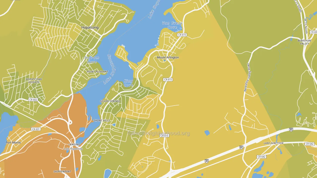 Map of the best neighborhoods in the 07856 area, with better matches in green and worse matches in red