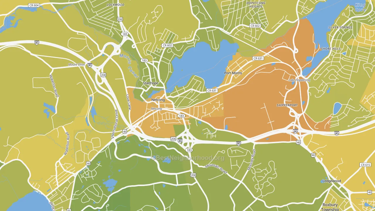 Map of the best neighborhoods in the 07857 area, with better matches in green and worse matches in red