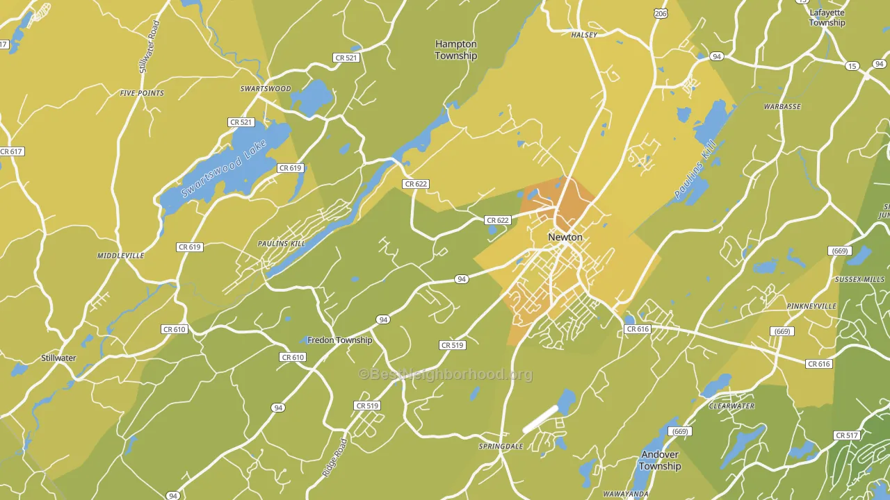 Map of the best neighborhoods in the 07860 area, with better matches in green and worse matches in red