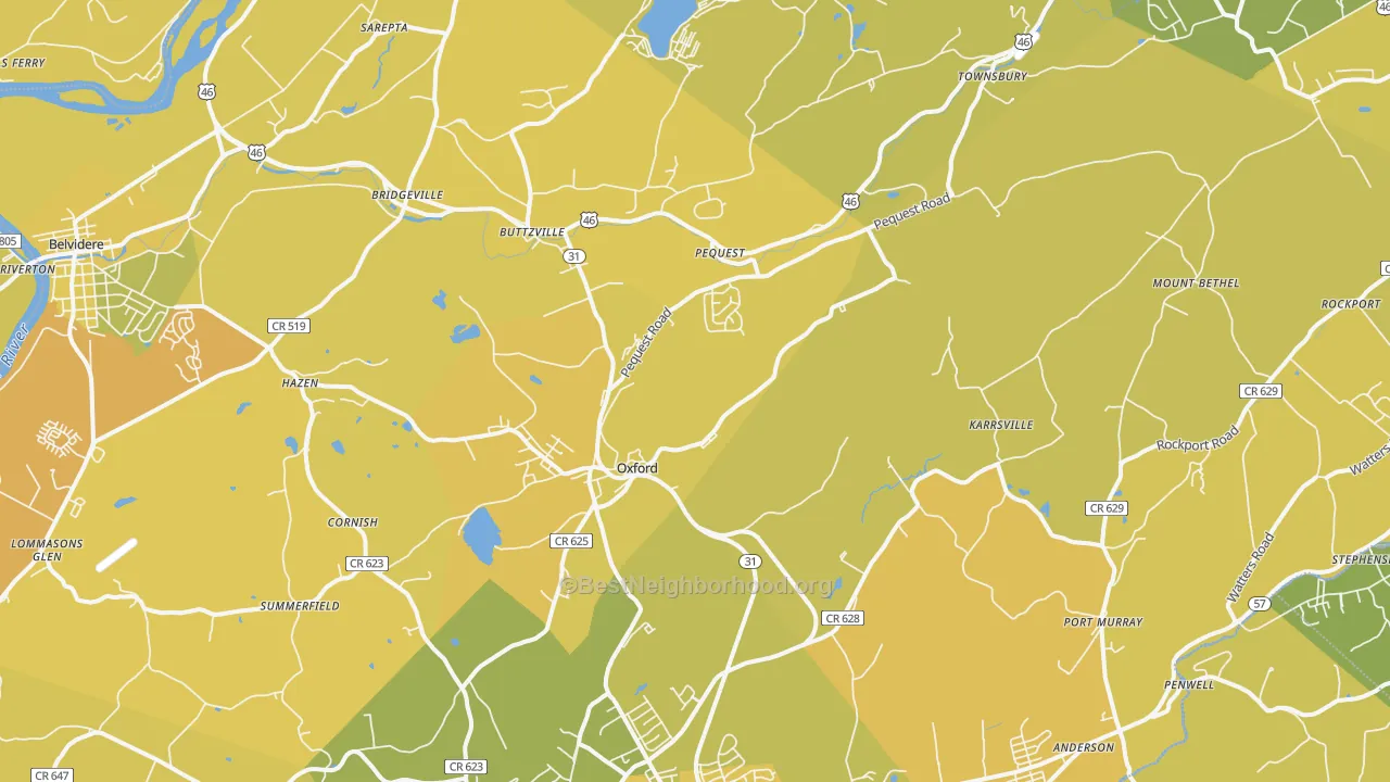 Map of the best neighborhoods in the 07863 area, with better matches in green and worse matches in red