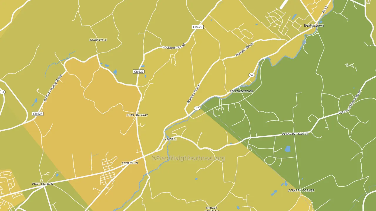 Map of the best neighborhoods in the 07865 area, with better matches in green and worse matches in red