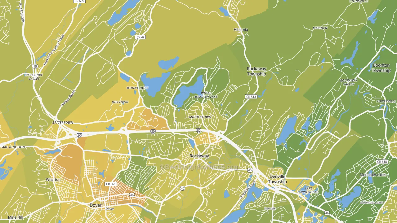 Map of the best neighborhoods in the 07866 area, with better matches in green and worse matches in red
