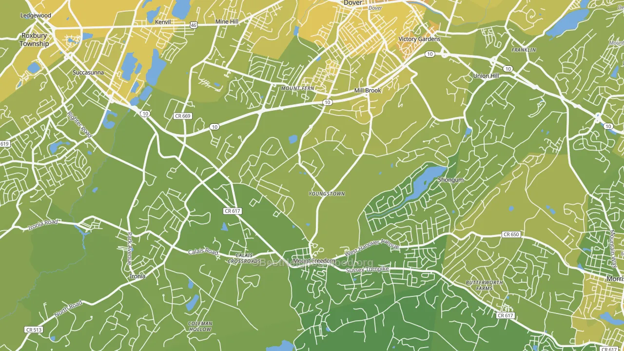 Map of the best neighborhoods in the 07869 area, with better matches in green and worse matches in red