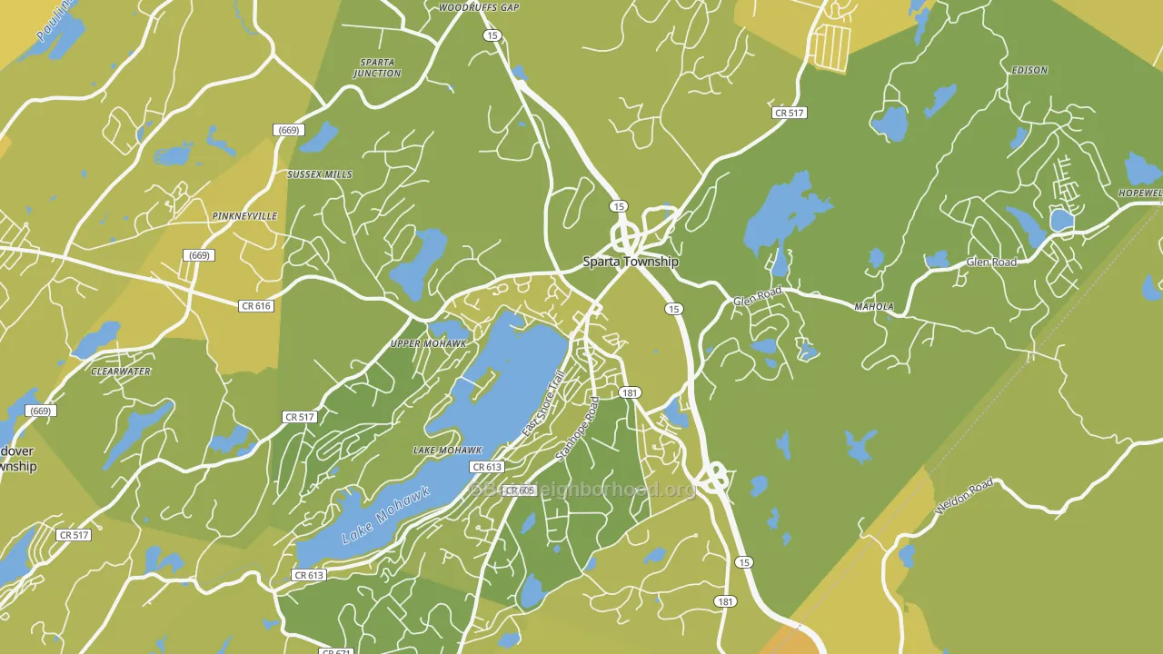 Map of the best neighborhoods in the 07871 area, with better matches in green and worse matches in red