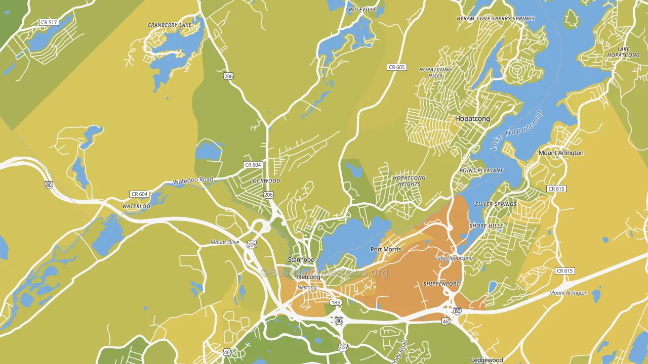 Map of the best neighborhoods in the 07874 area, with better matches in green and worse matches in red