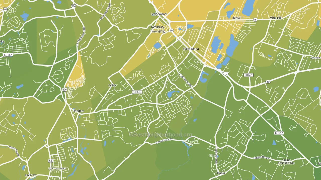 Map of the best neighborhoods in the 07876 area, with better matches in green and worse matches in red