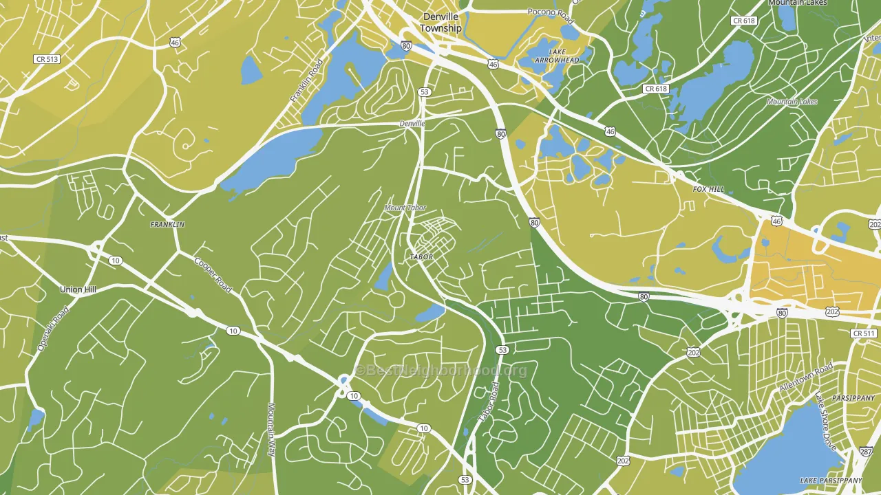 Map of the best neighborhoods in the 07878 area, with better matches in green and worse matches in red