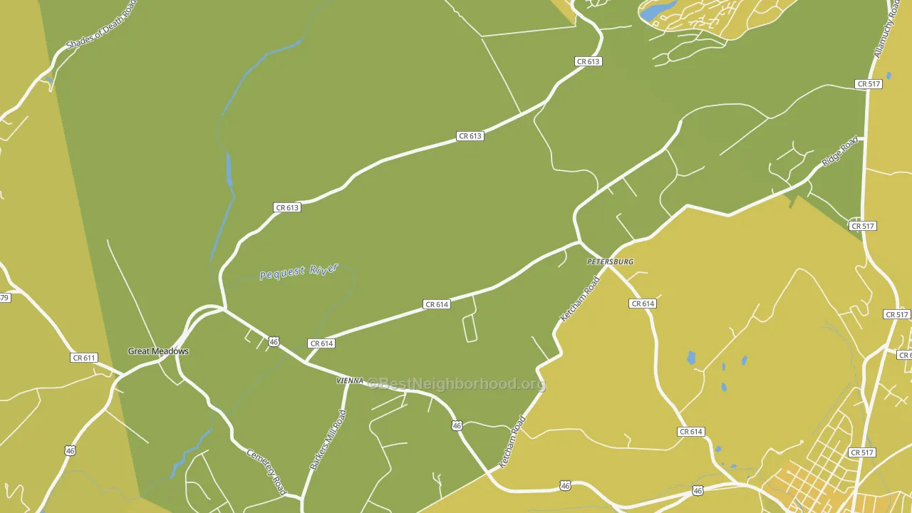 Map of the best neighborhoods in the 07880 area, with better matches in green and worse matches in red