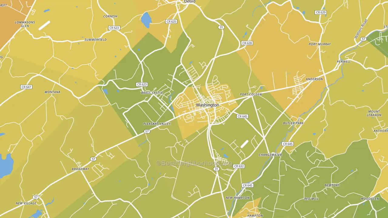 Map of the best neighborhoods in the 07882 area, with better matches in green and worse matches in red