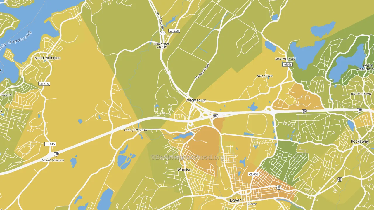 Map of the best neighborhoods in the 07885 area, with better matches in green and worse matches in red