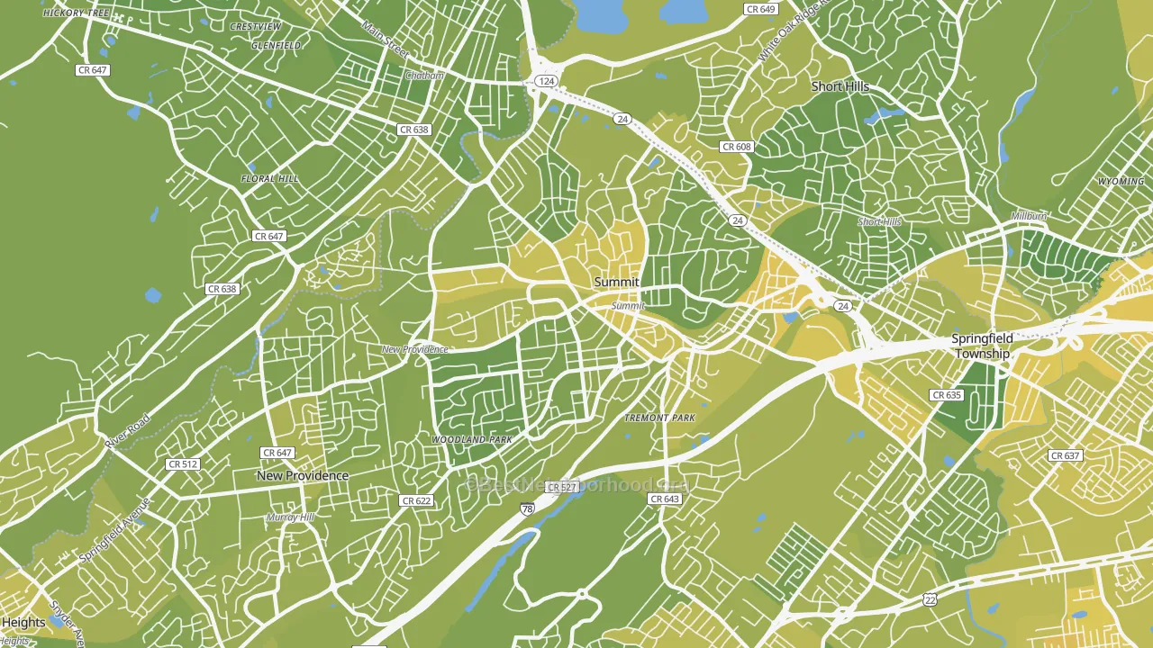 Map of the best neighborhoods in the 07901 area, with better matches in green and worse matches in red