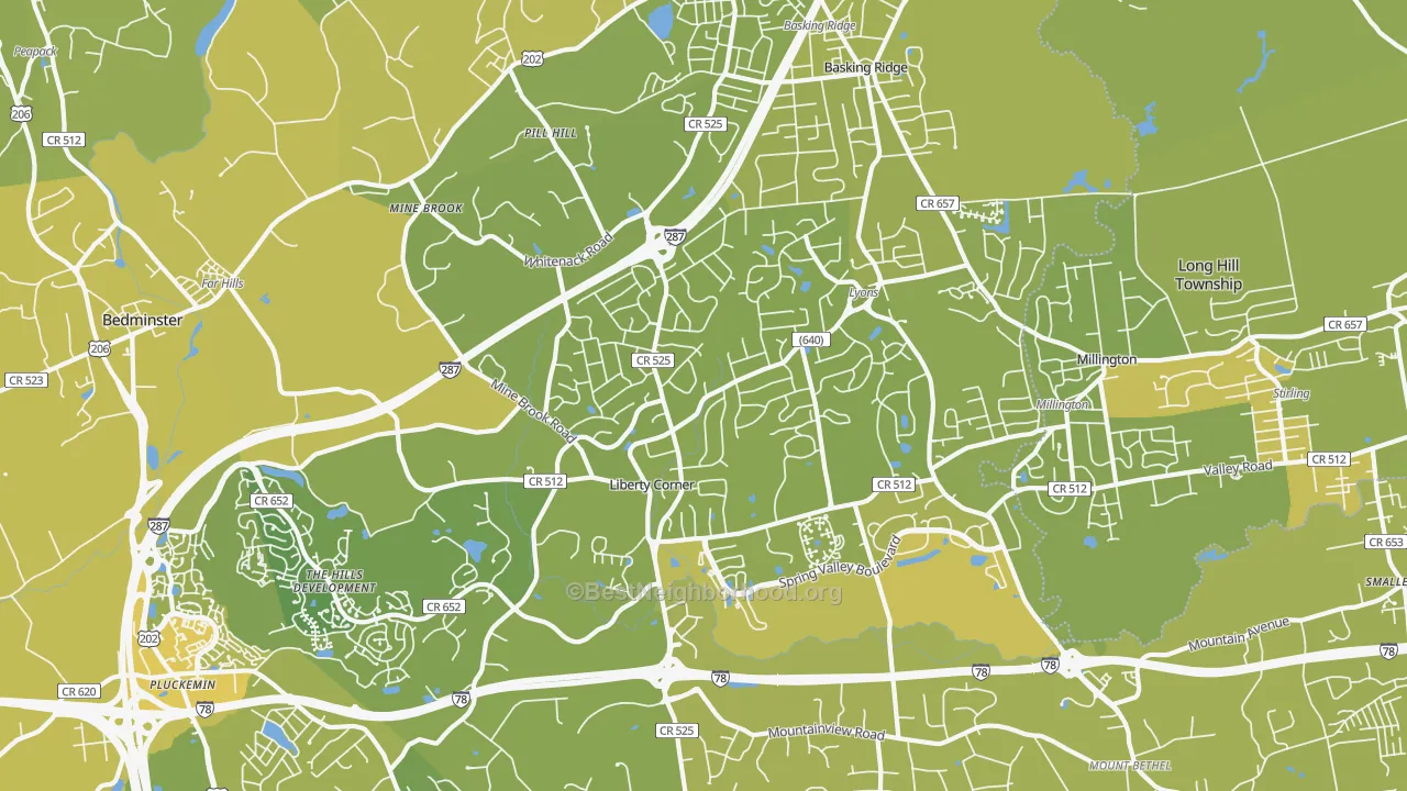 Map of the best neighborhoods in the 07920 area, with better matches in green and worse matches in red