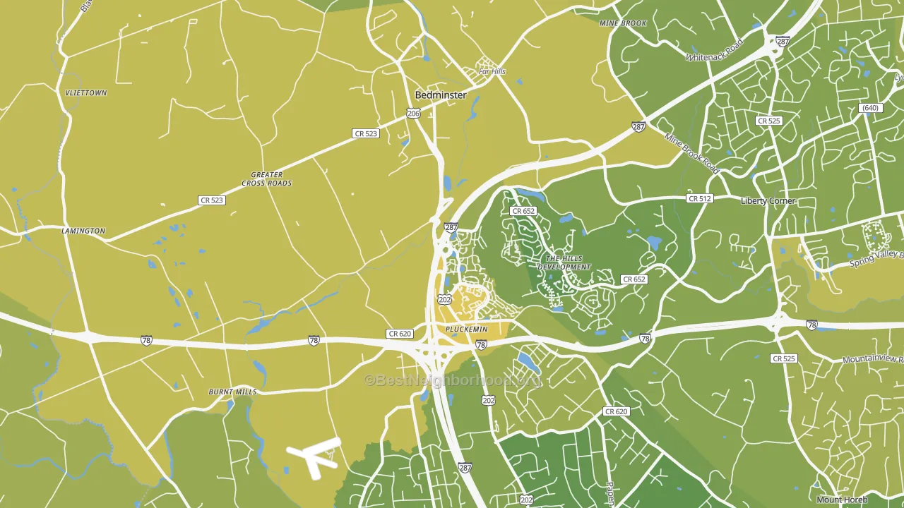 Map of the best neighborhoods in the 07921 area, with better matches in green and worse matches in red