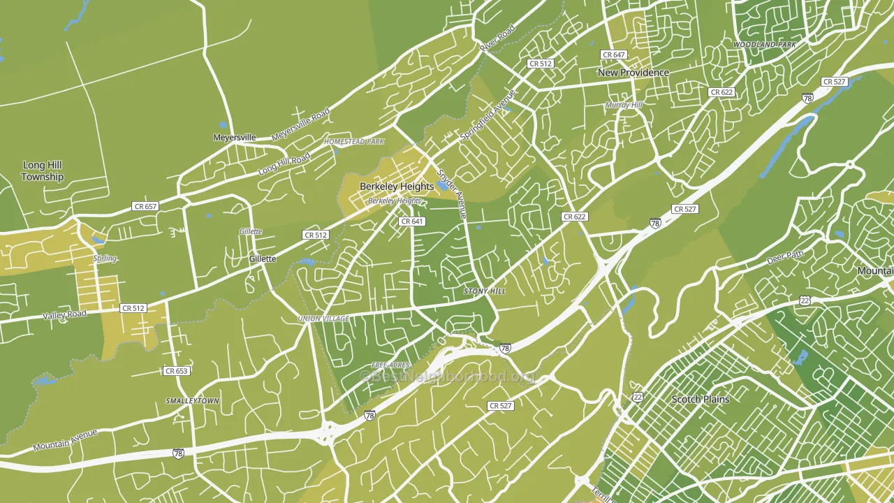 Map of the best neighborhoods in the 07922 area, with better matches in green and worse matches in red