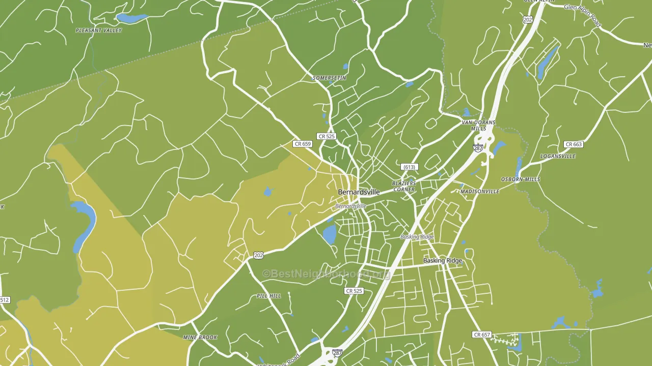 Map of the best neighborhoods in the 07924 area, with better matches in green and worse matches in red