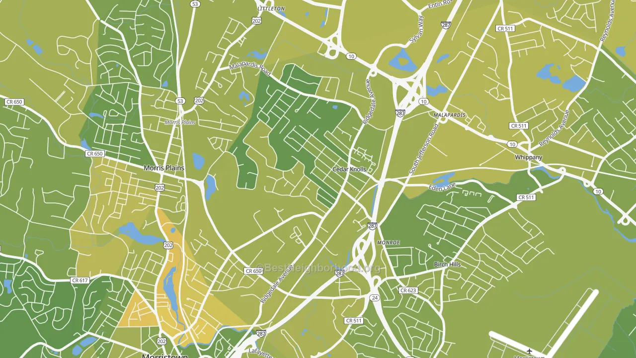 Map of the best neighborhoods in the 07927 area, with better matches in green and worse matches in red