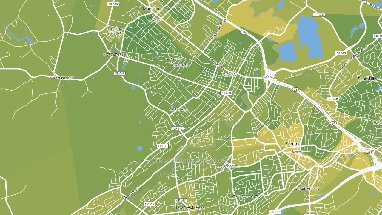 Map of the best neighborhoods in the 07928 area, with better matches in green and worse matches in red