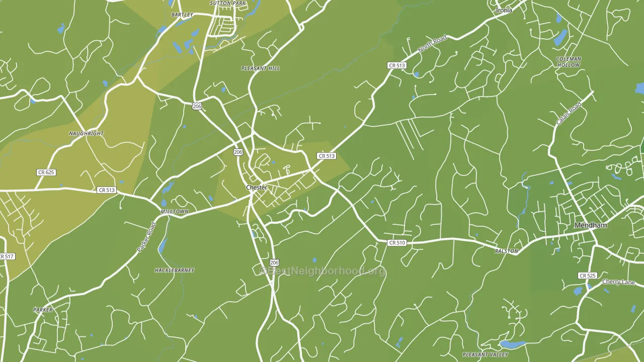 Map of the best neighborhoods in the 07930 area, with better matches in green and worse matches in red