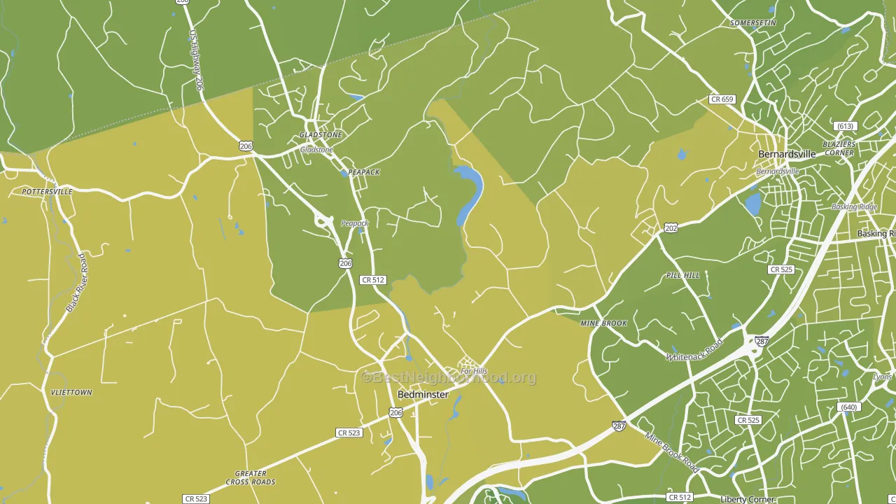 Map of the best neighborhoods in the 07931 area, with better matches in green and worse matches in red