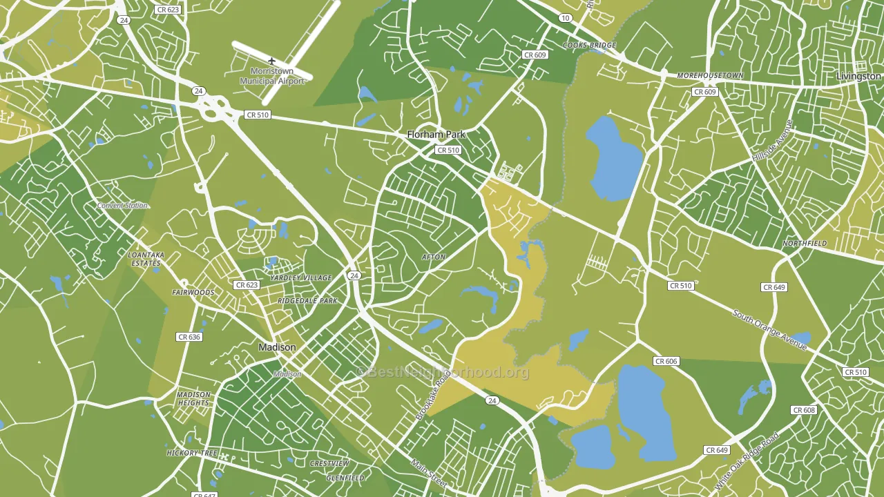 Map of the best neighborhoods in the 07932 area, with better matches in green and worse matches in red