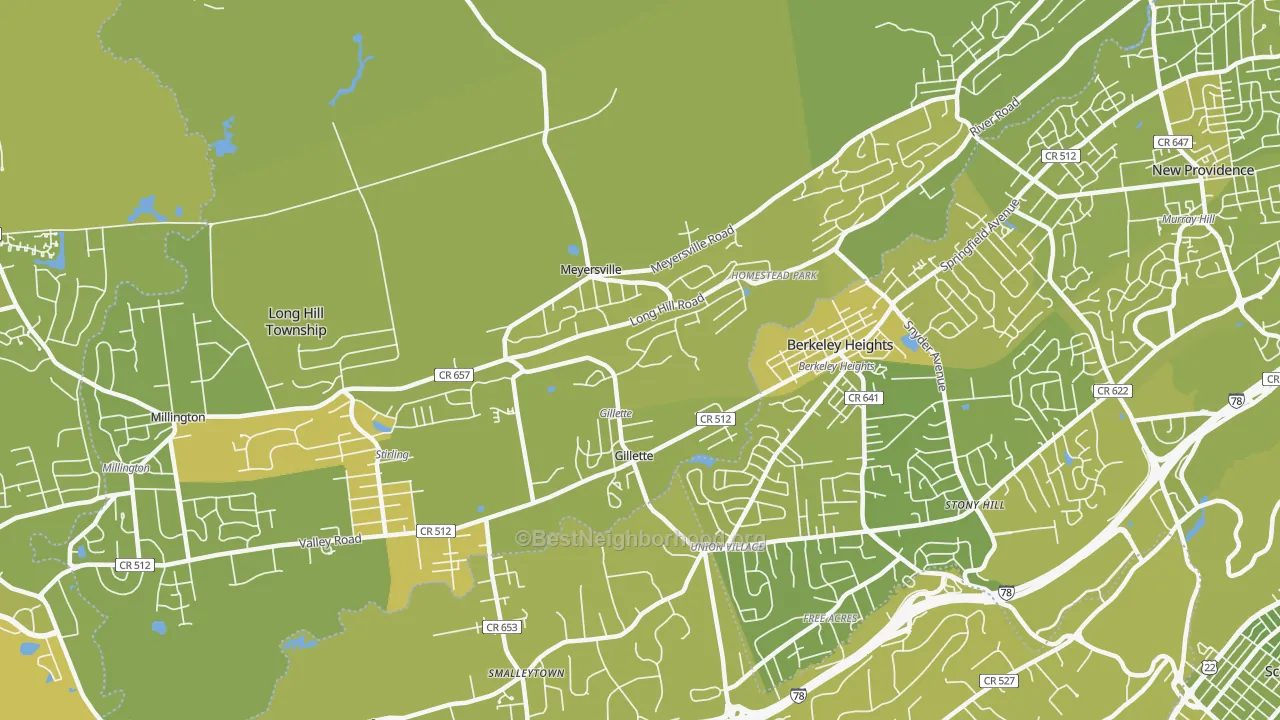 Map of the best neighborhoods in the 07933 area, with better matches in green and worse matches in red