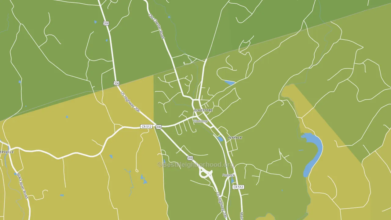 Map of the best neighborhoods in the 07934 area, with better matches in green and worse matches in red