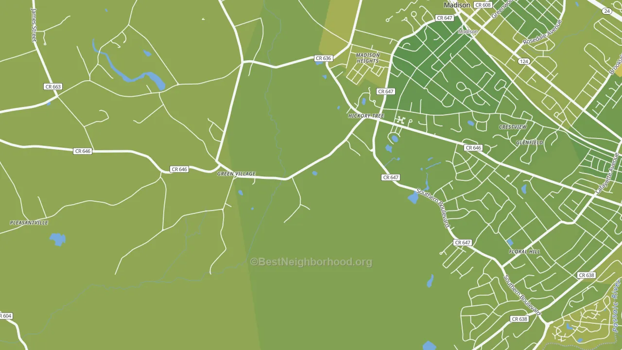 Map of the best neighborhoods in the 07935 area, with better matches in green and worse matches in red