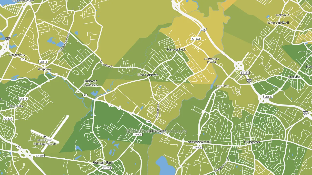 Map of the best neighborhoods in the 07936 area, with better matches in green and worse matches in red