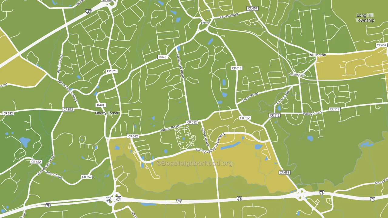 Map of the best neighborhoods in the 07939 area, with better matches in green and worse matches in red