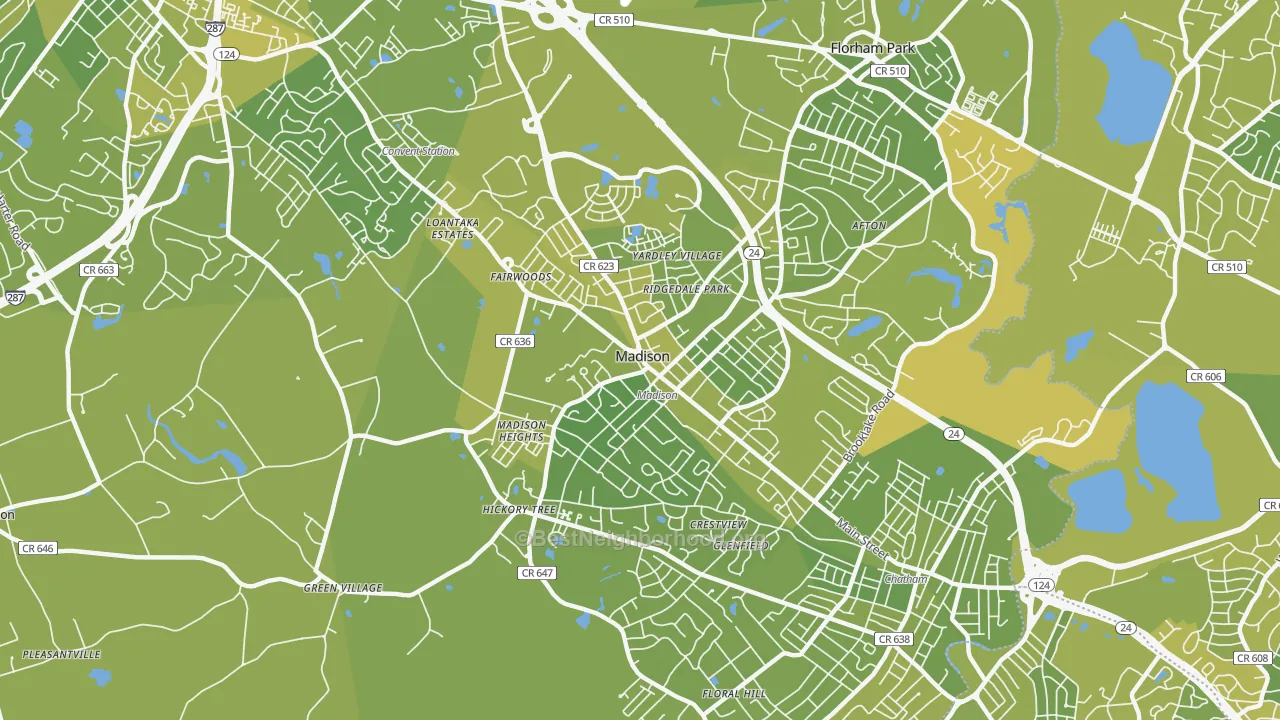 Map of the best neighborhoods in the 07940 area, with better matches in green and worse matches in red