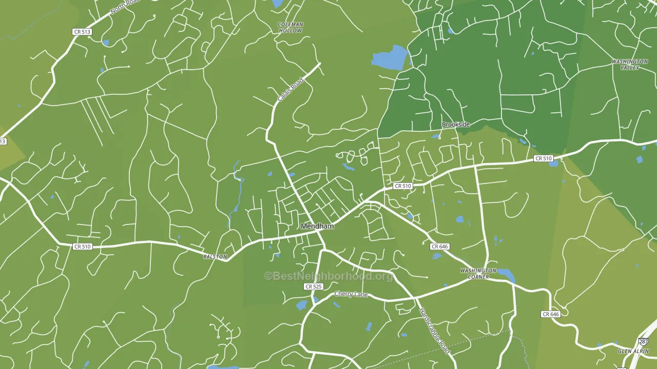 Map of the best neighborhoods in the 07945 area, with better matches in green and worse matches in red