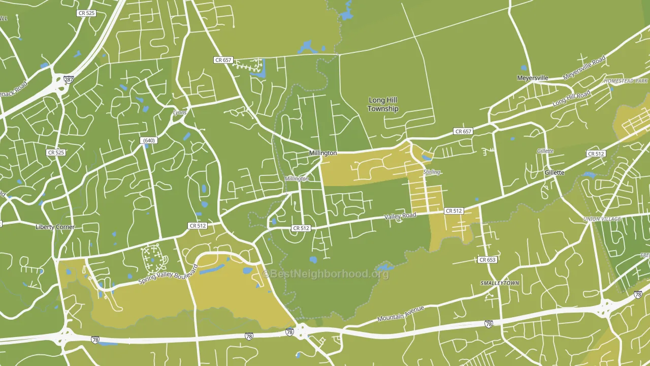 Map of the best neighborhoods in the 07946 area, with better matches in green and worse matches in red