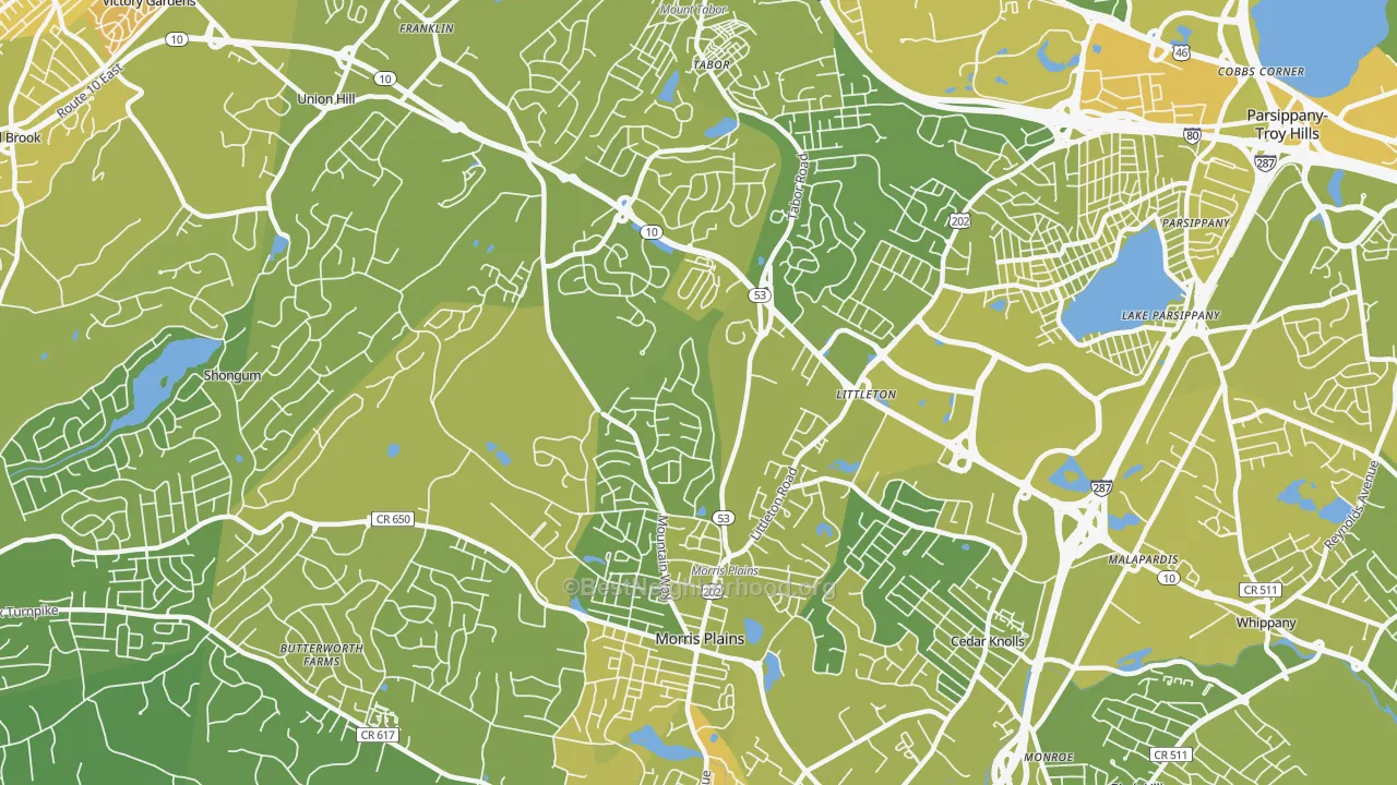 Map of the best neighborhoods in the 07950 area, with better matches in green and worse matches in red