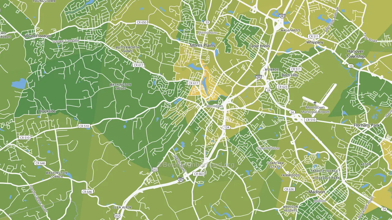 Map of the best neighborhoods in the 07960 area, with better matches in green and worse matches in red
