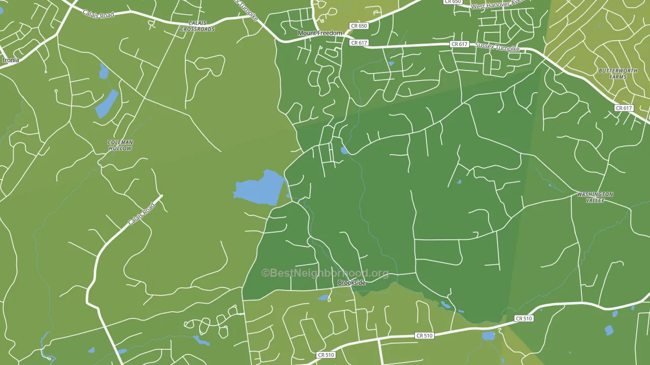 Map of the best neighborhoods in the 07970 area, with better matches in green and worse matches in red