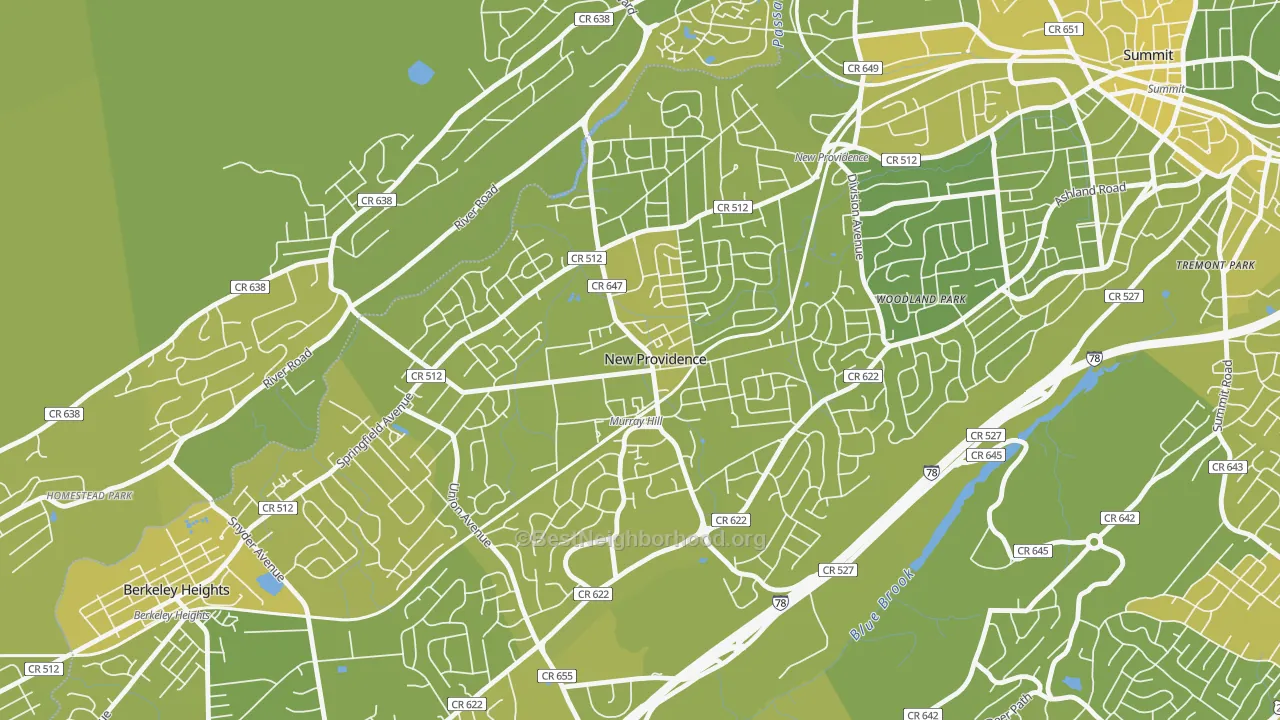 Map of the best neighborhoods in the 07974 area, with better matches in green and worse matches in red