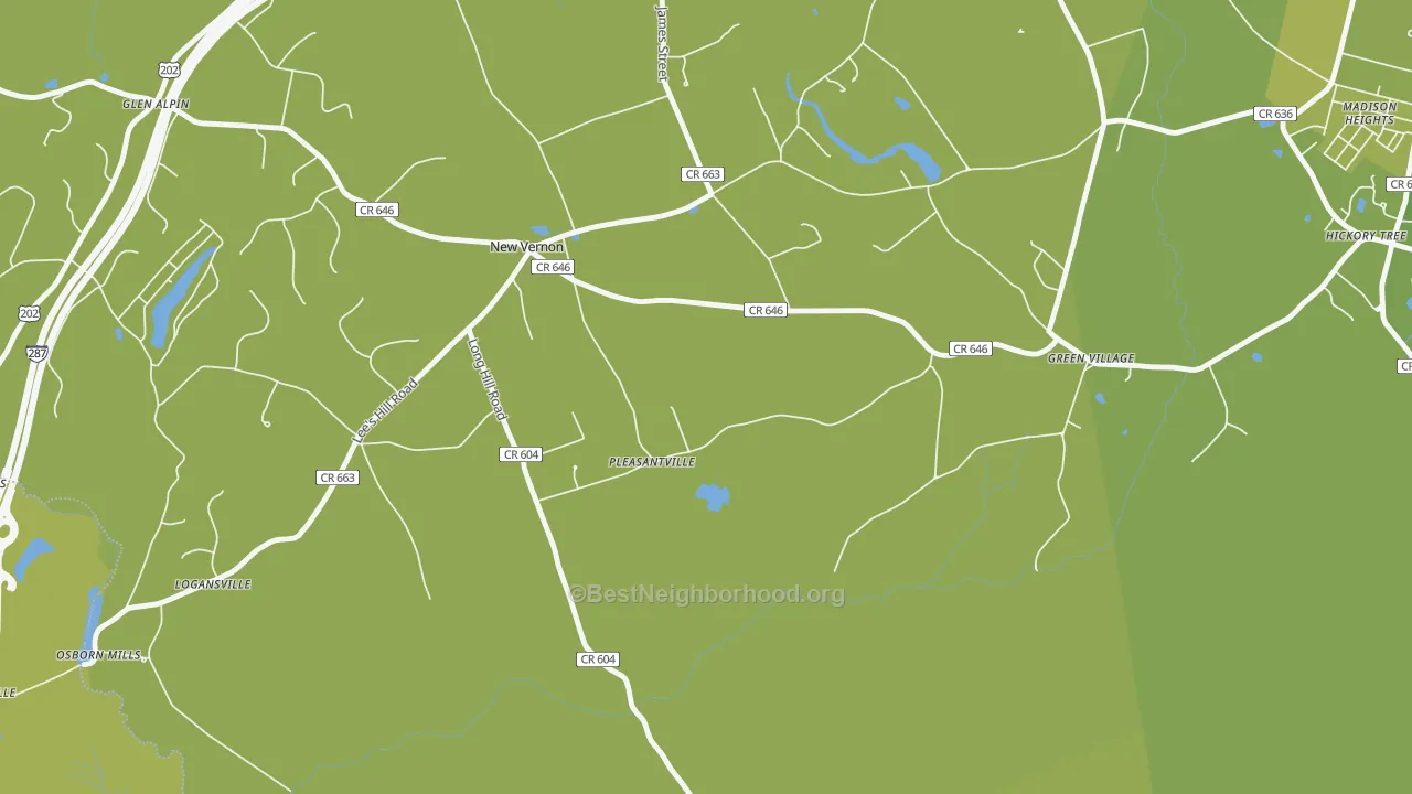 Map of the best neighborhoods in the 07976 area, with better matches in green and worse matches in red