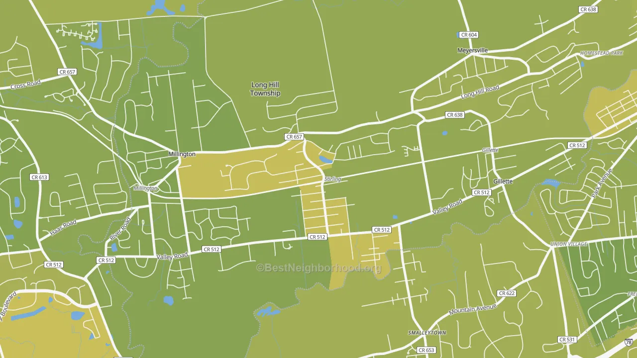 Map of the best neighborhoods in the 07980 area, with better matches in green and worse matches in red