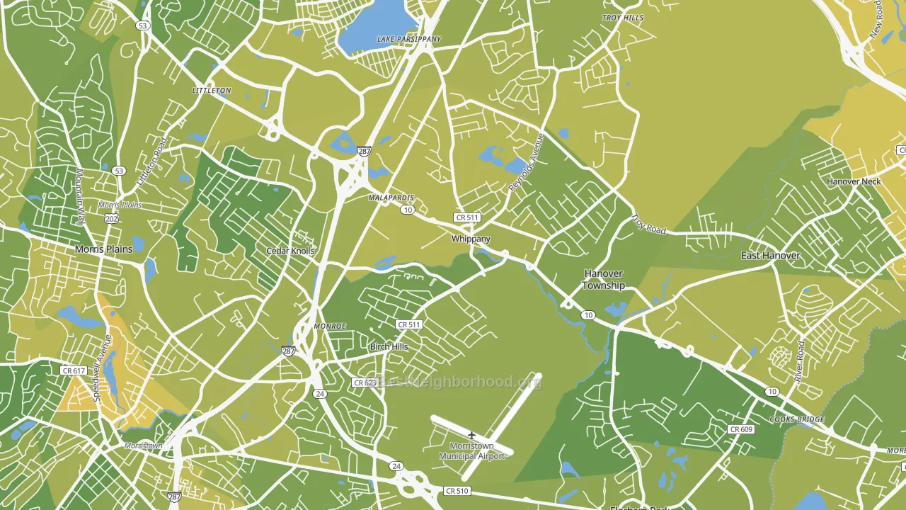 Map of the best neighborhoods in the 07981 area, with better matches in green and worse matches in red