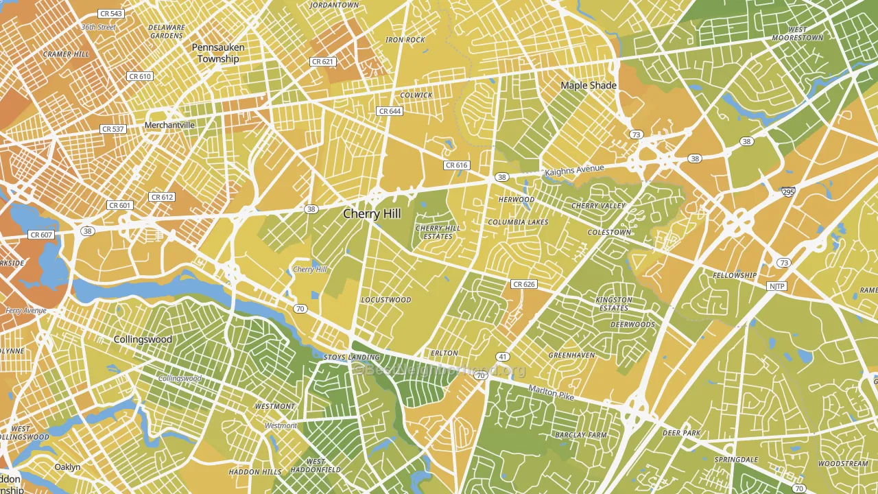 Map of the best neighborhoods in the 08002 area, with better matches in green and worse matches in red