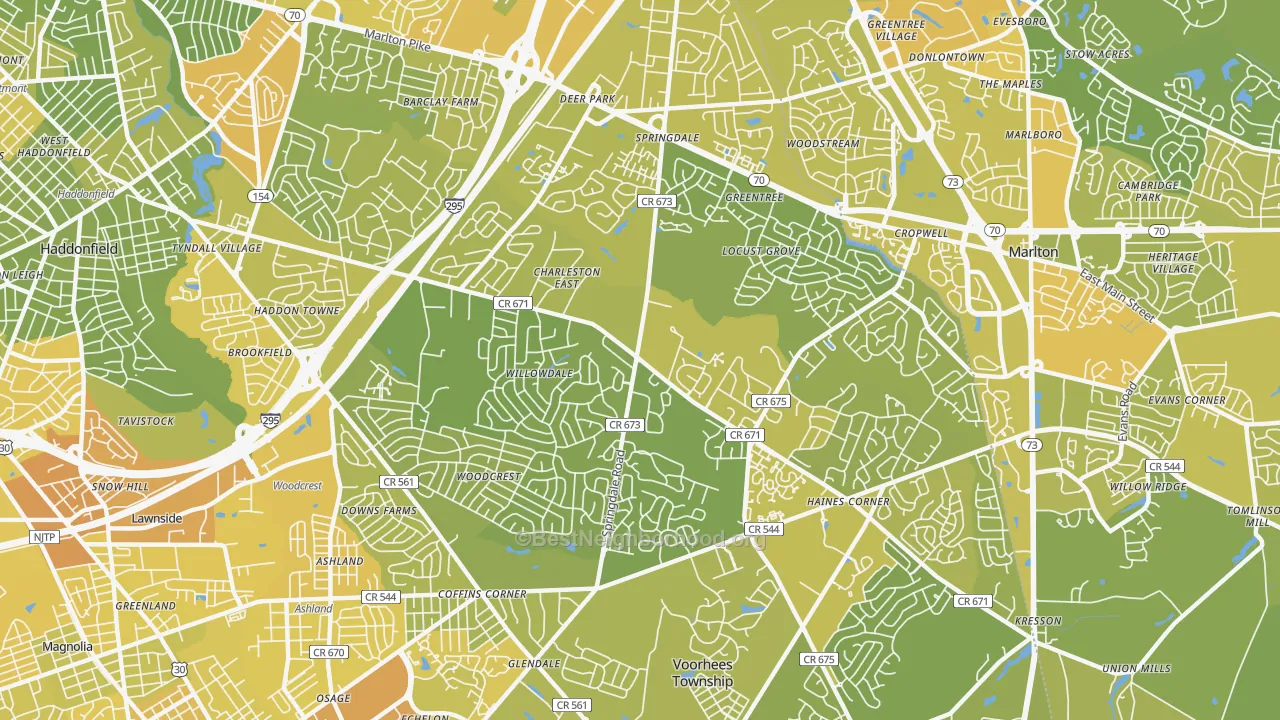 Map of the best neighborhoods in the 08003 area, with better matches in green and worse matches in red